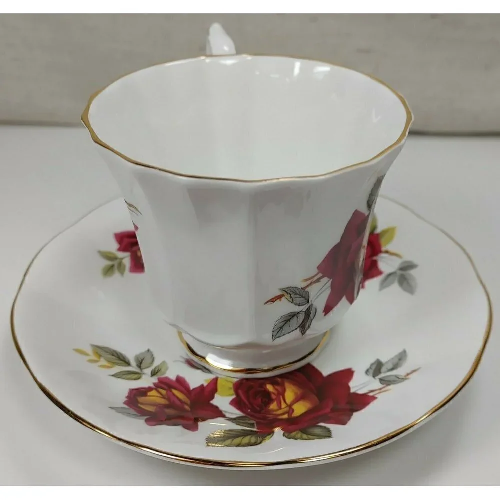 Clare Bone China White Floral Victorian Gold Rim Tea Cup And Saucer Set